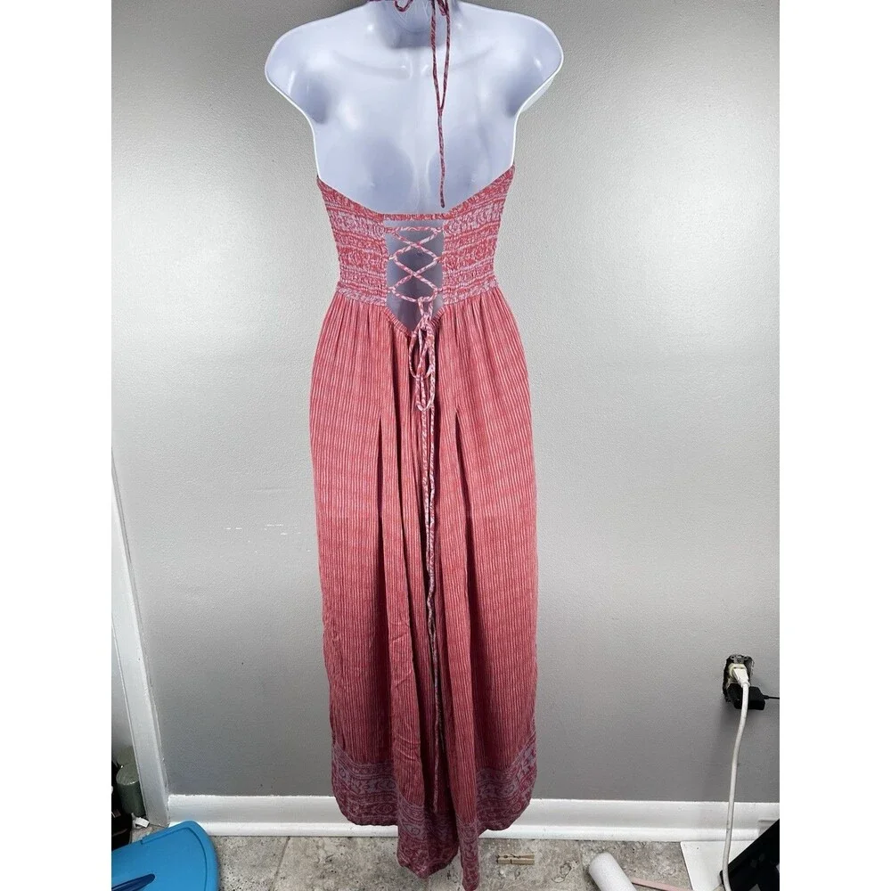 Free People Crystal Bay Wide Leg Jumpsuit Size L Coral Red Halter Smocked Boho